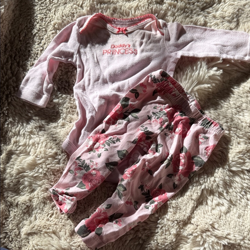 Carters Pink Baby Outfit with Floral Pants Roses 3mo Girls Daddy’s Princess